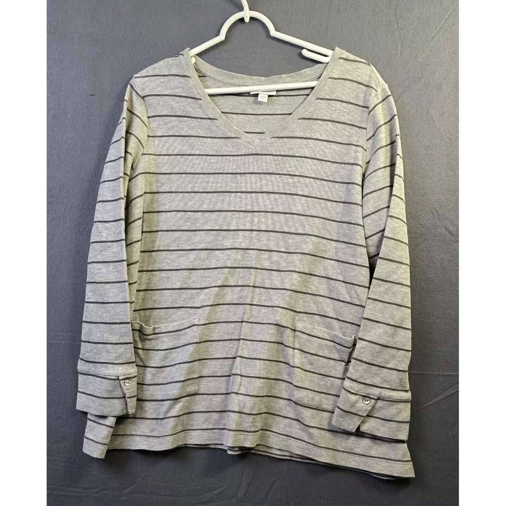 J JILL Top Womens XL Striped Long Sleeve Pullover Tunic Top Pockets Gray